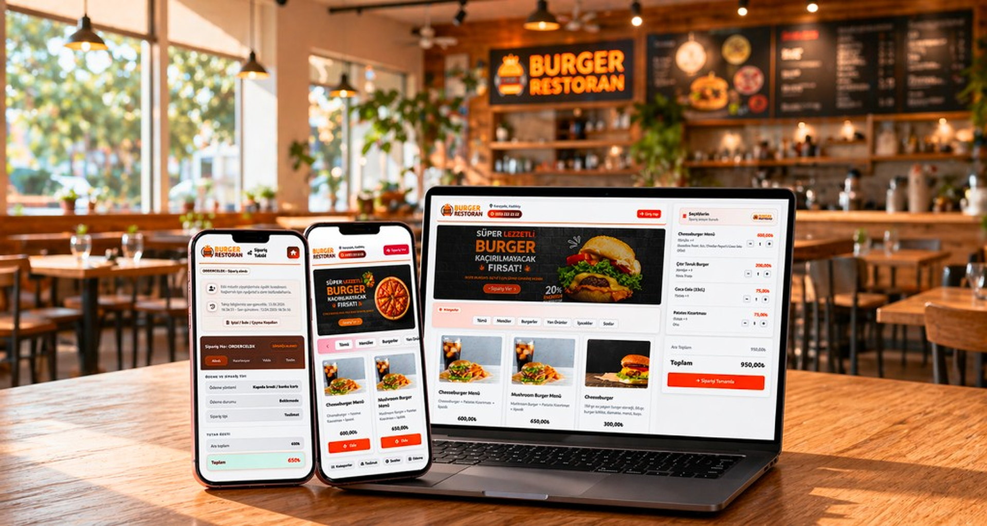Online burger ordering on tablet and phone in a restaurant