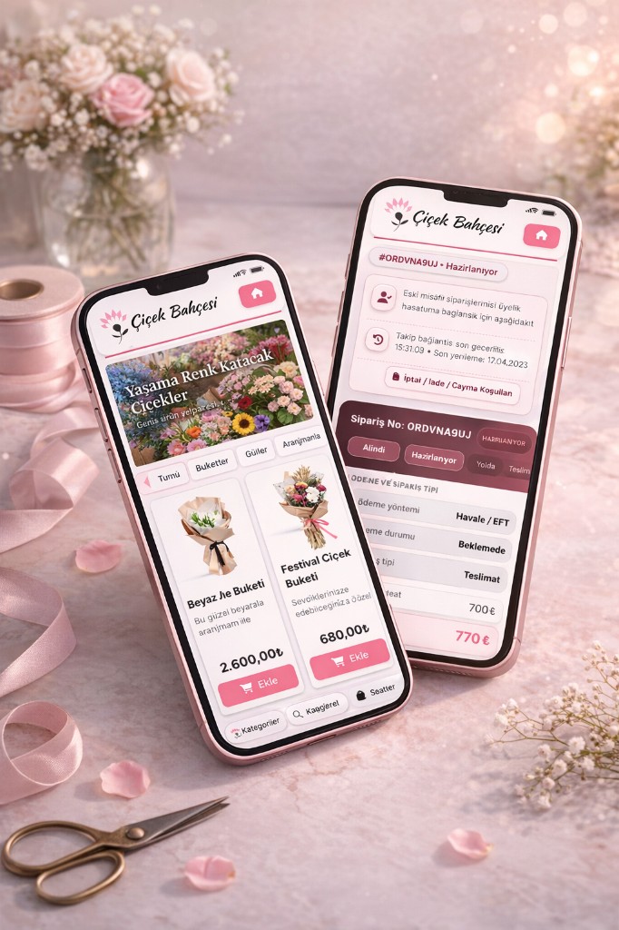 Two phones showing the florist mobile app: product browse and categories, plus order status and tracking.