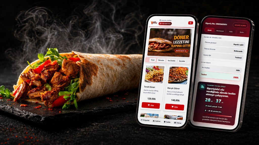 A hot döner wrap beside two phones showing the online menu and order tracking — promotional image for a döner restaurant ordering system.