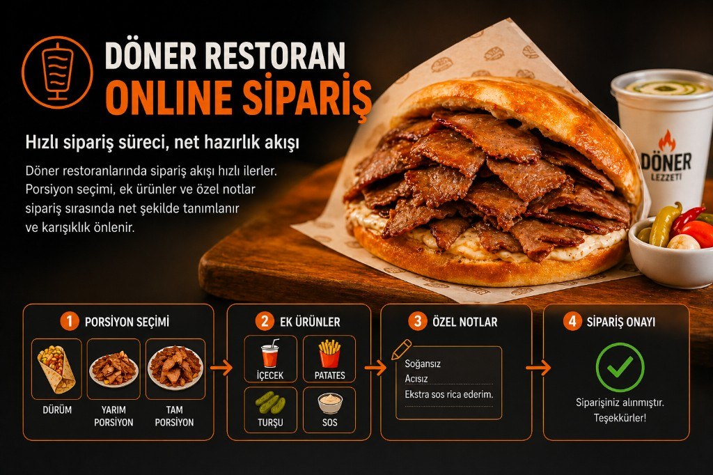 Infographic of the döner restaurant online ordering flow: portion choice, add-ons, special notes, and order confirmation.