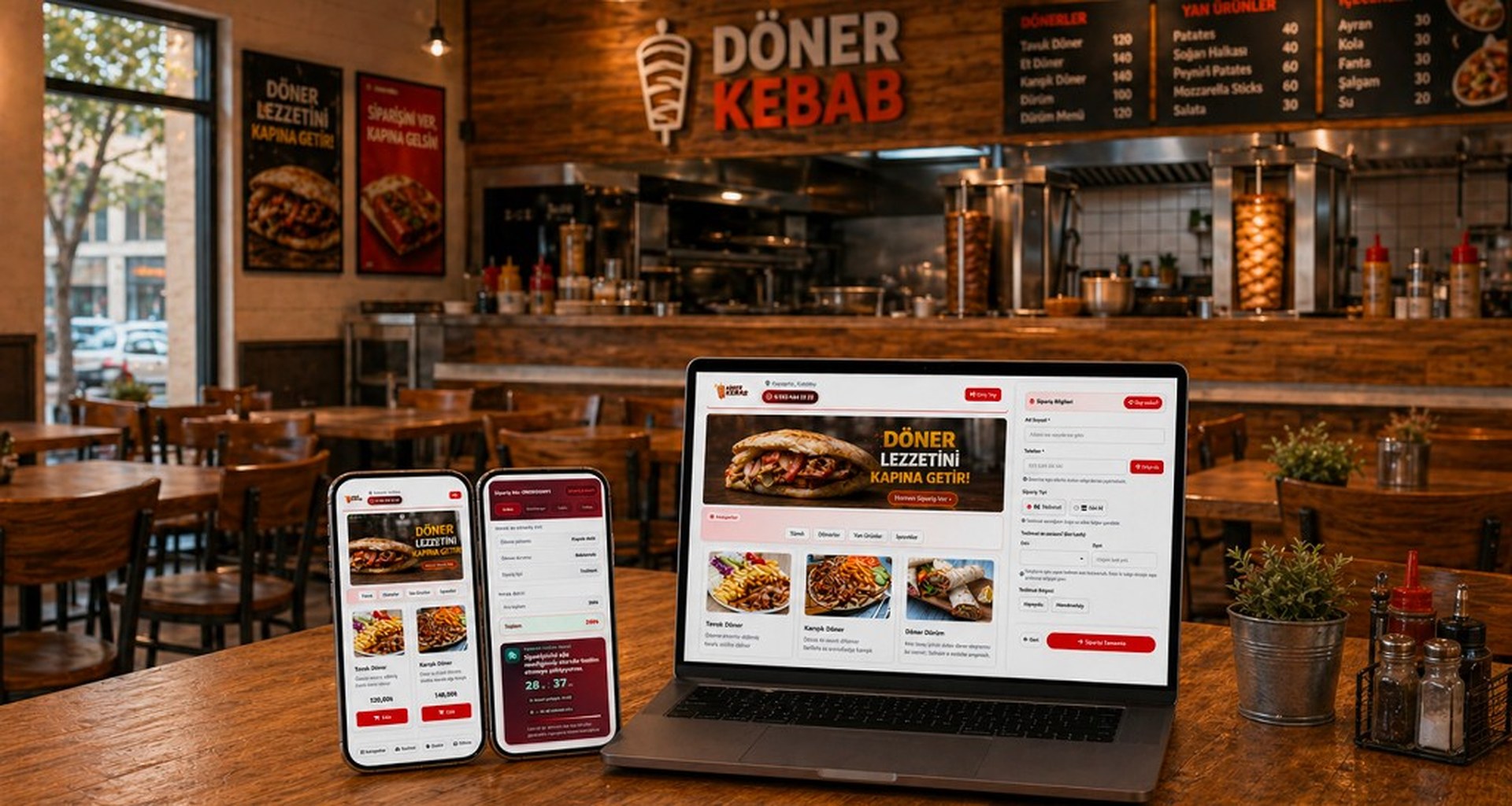 Online döner ordering on a laptop and phones in a restaurant