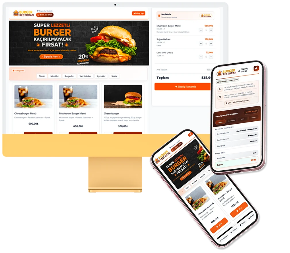 Commission-free online ordering — burger restaurant sample; desktop and mobile views