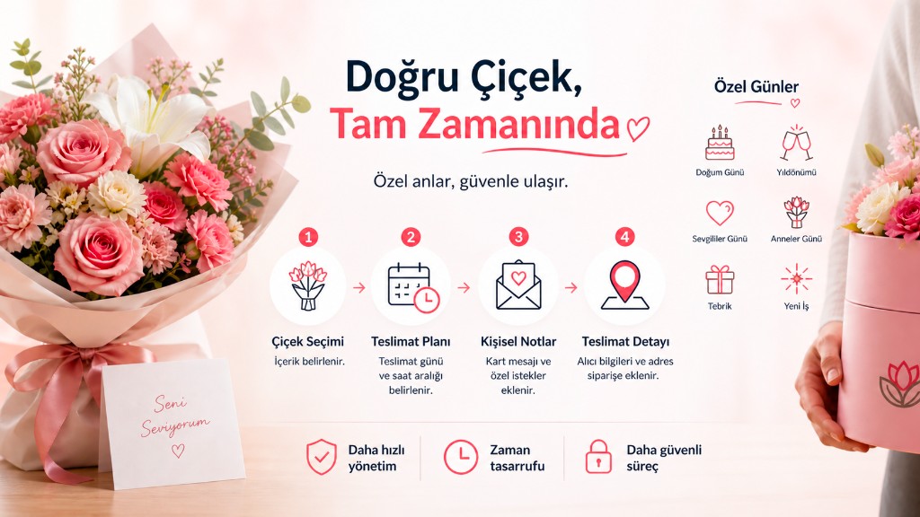 Infographic: the right flowers on time — four steps (selection, delivery plan, personal notes, delivery details), special occasions and safer workflow.