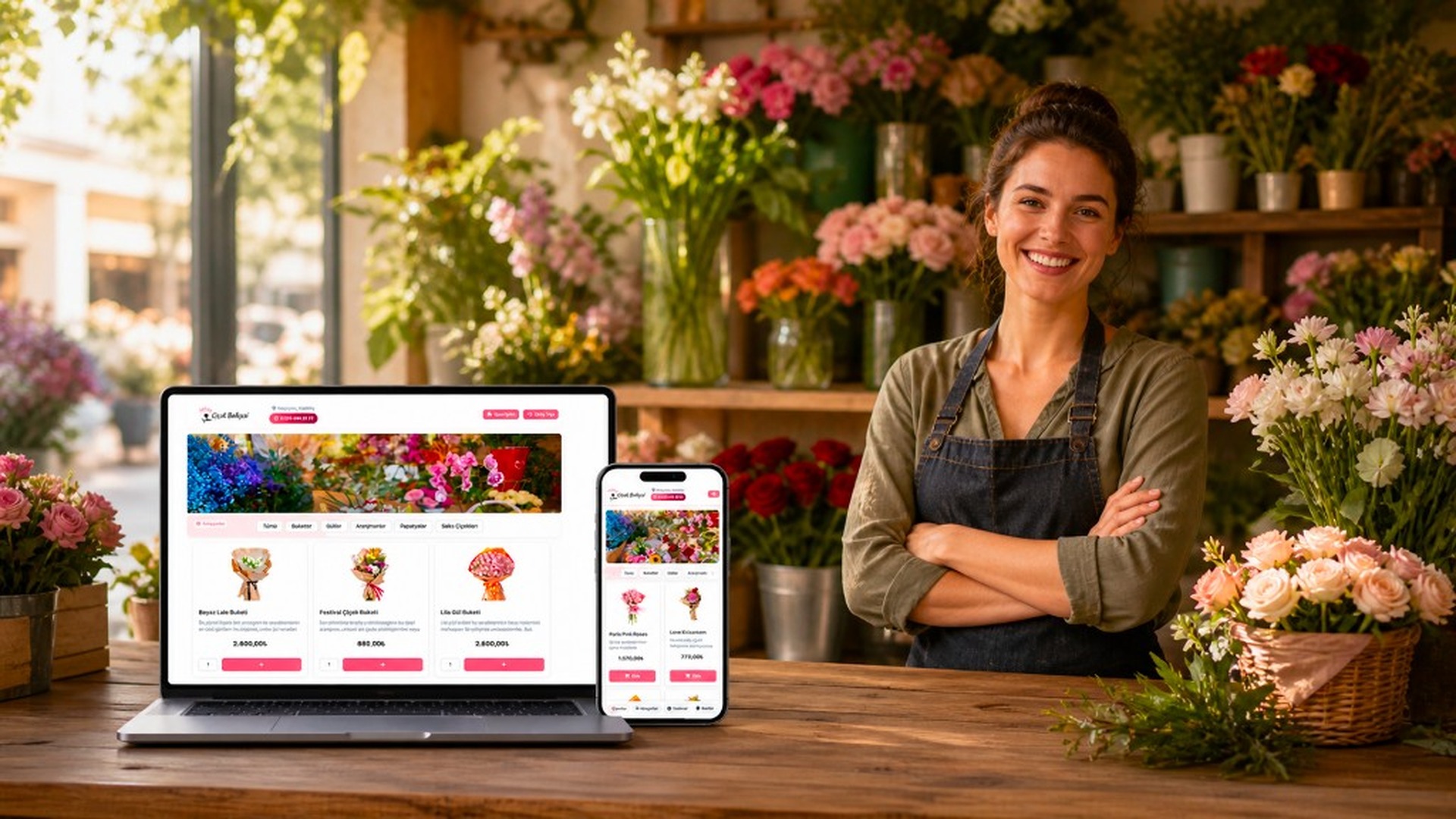 Çiçekçi işletmesinde online sipariş; masaüstü ve mobil Dijifis sipariş ekranları.