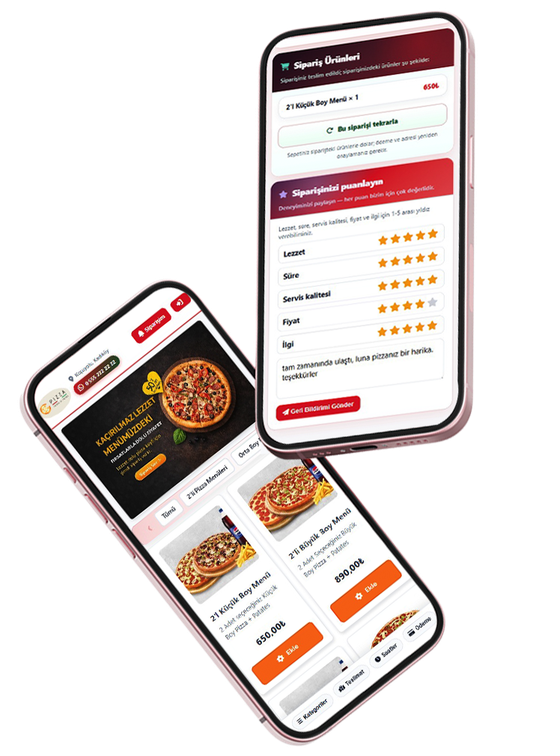 Two phone screens: example pizza restaurant online menu and order tracking UI.