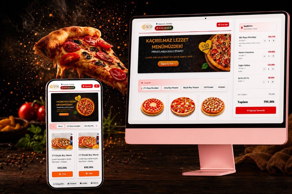Pizza restaurant online ordering: desktop and mobile UI with menu, cart, and promotion artwork.