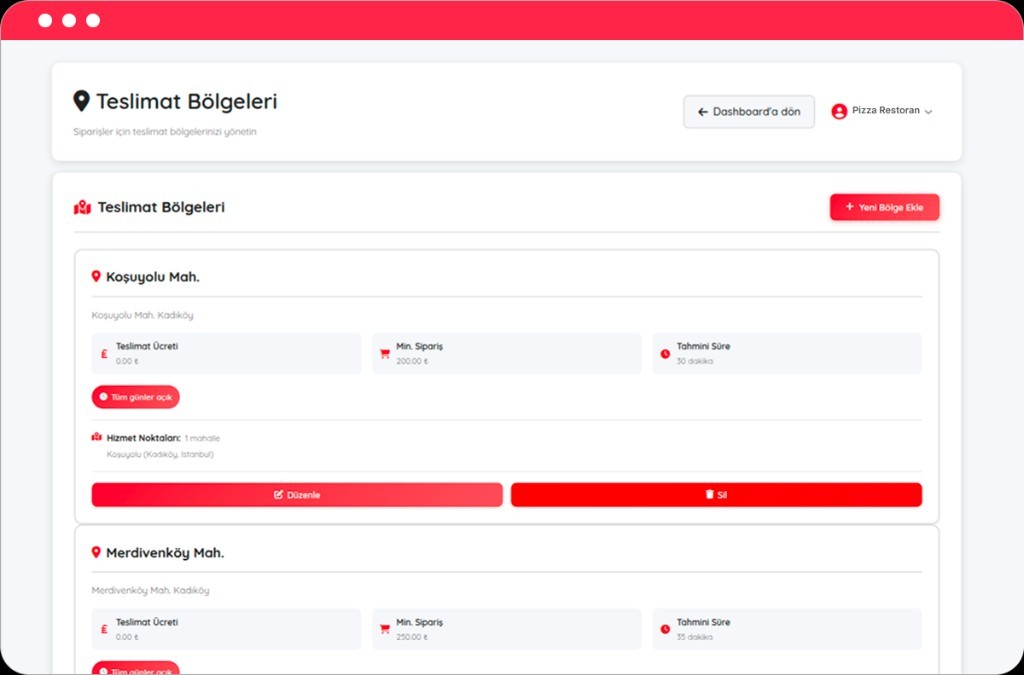 Dijifis admin: delivery zones screen with fee, minimum order, and ETA—pizza restaurant example