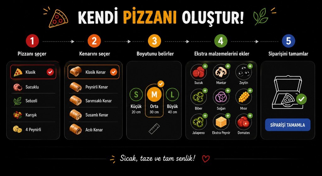 Infographic: build your own pizza in five steps—base, crust, size, extras, and complete order.