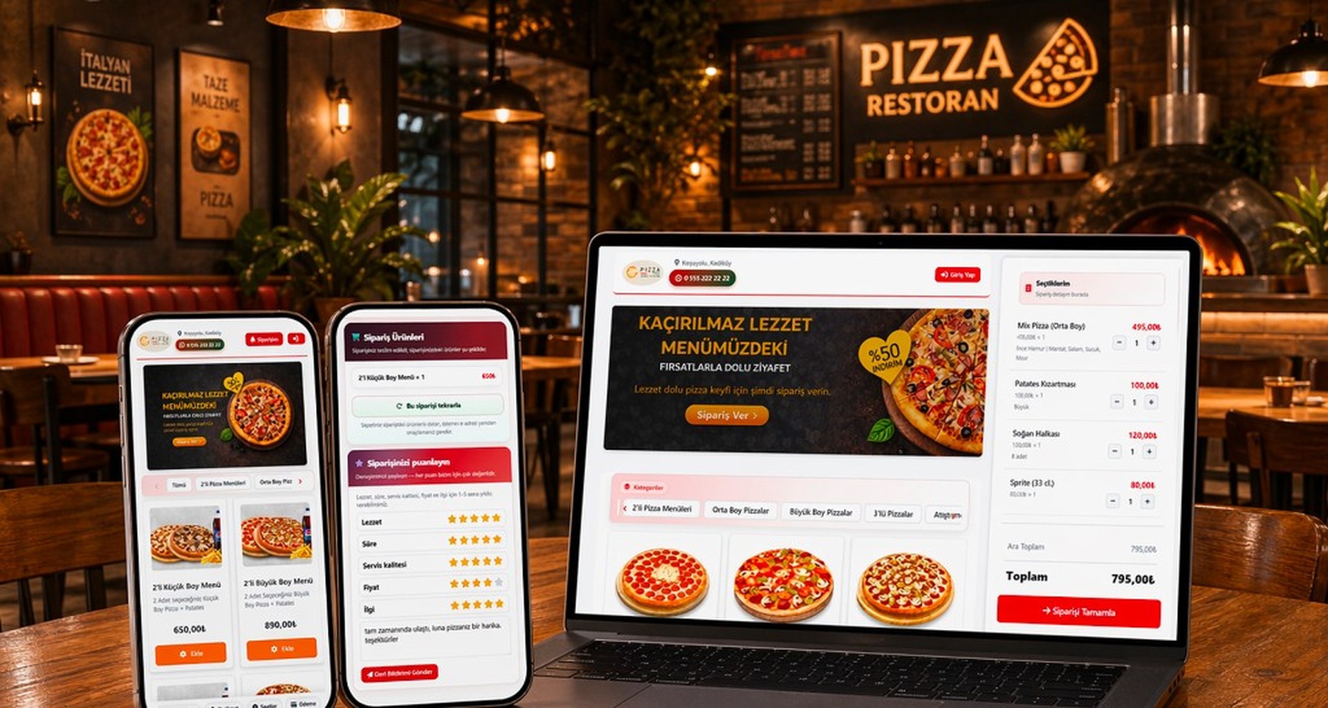 Online pizza ordering on tablet and phone in a restaurant
