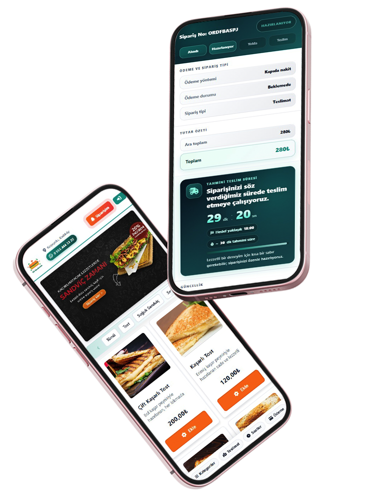 Two smartphones: example online menu and live order tracking for a toast and sandwich shop.