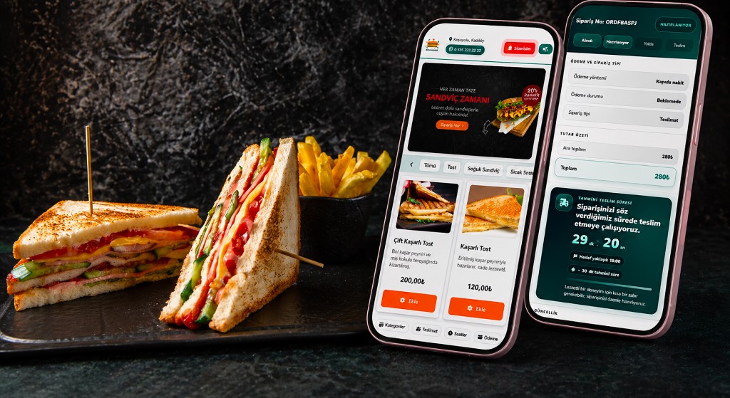 Toast & sandwich online ordering: desktop and mobile UI with menu and cart.
