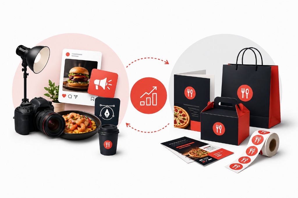 Infographic showing how content and visual production connect to printed marketing—photography, digital design, packaging, and sales growth in the center.
